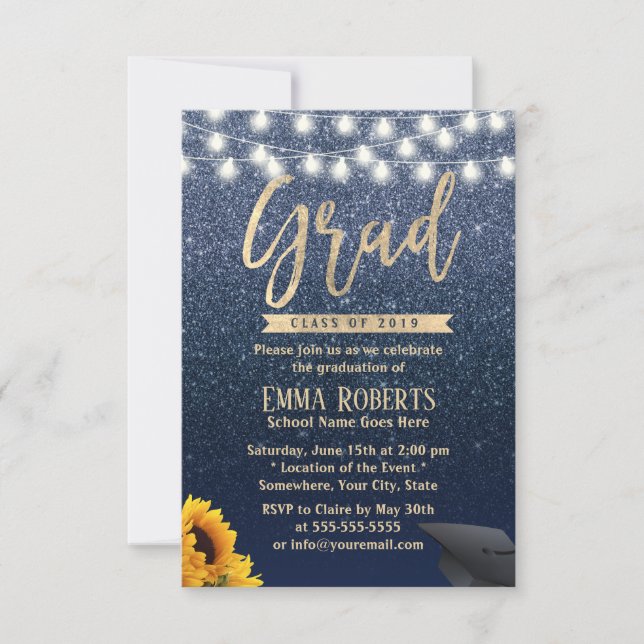Studenten Modern Navy Blue Glitter Solros Inbjudningar (Framsida)