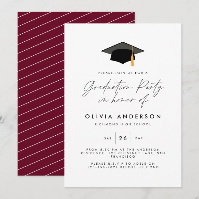 studenten moderna elegant burgundy party inbjudningar (Fram/baksida)