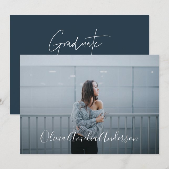 Studenten moderna fotoskripttypografi, blått inbjudningar (Fram/baksida)