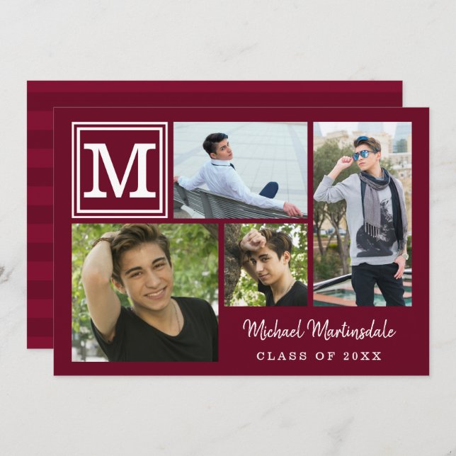 Studenten Monogram Photo Collage Burgundy Maroon Inbjudningar (Fram/baksida)