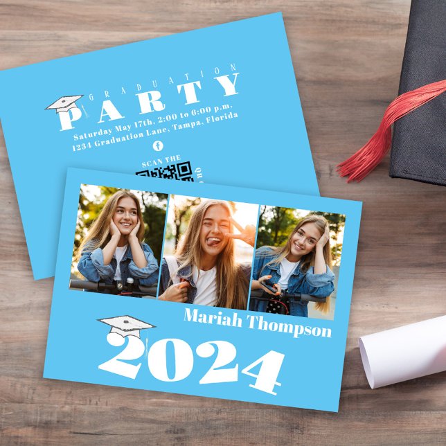 Studenten Multi Photo Blue-klass av 2023 QR-kod Inbjudningar (Graduation multi-photo invitation announcement Carolina Blue School colors. )