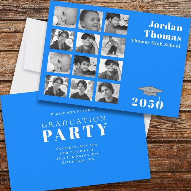 Studenten Multi Photo Collage minimalist Blue Inbjudningar (Skapare uppladdad)