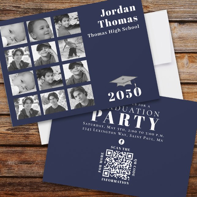 Studenten Multi Photo Collage Navy Blue QR-kod Inbjudningar (Skapare uppladdad)