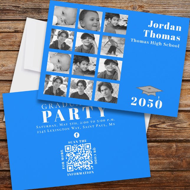 Studenten Multi Photo Collage Simple Blue QR-kod Inbjudningar (Skapare uppladdad)