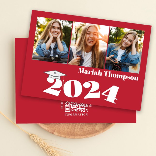 Studenten Multi Photo Red-klass av 2023 QR-kod Inbjudningar (Graduation three photo invitation template with a scannable QR Code. )