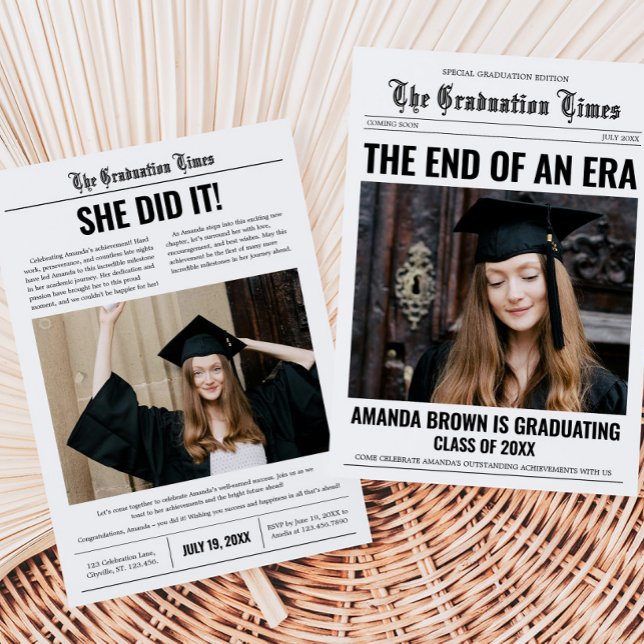 Studenten Newspaper Photo Studentfest Inbjudningar (Graduation Newspaper Photo Graduation Party Invitation with Front and Back)
