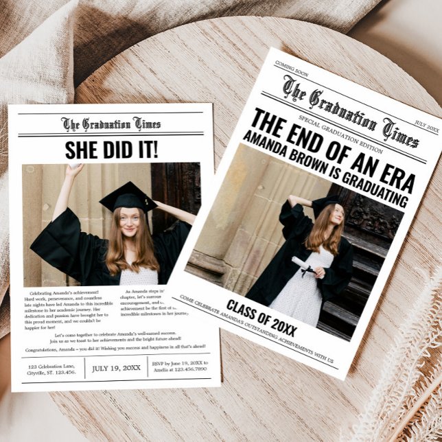 Studenten Newspaper Studentfest Inbjudningar (Graduation Newspaper Photo Graduation Party Invitation with Front and Back)