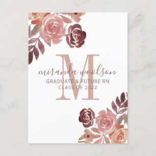 Studenten Nurse Monogram Rosa Burgundy Blommigt Meddelande Vykort