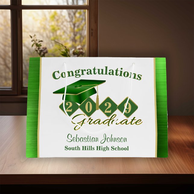 Studenten Personlig Grönt och Guld (Graduation Personalized Green & Gold Large Gift Bag)