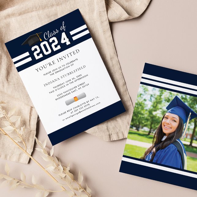 Studenten Photo 2025 Navy Blue Grad Party Inbjudningar (Modern Graduation Photo Party  Navy Blue Invitation)