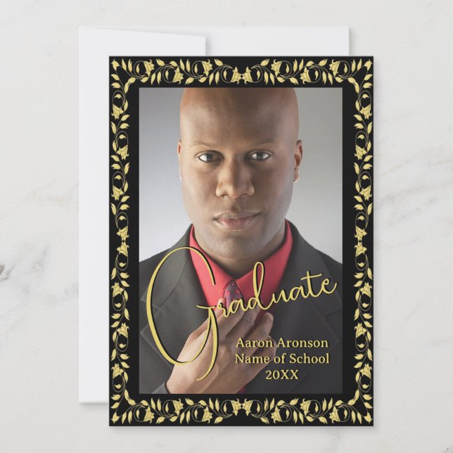 Studenten Photo Announcement Black och Guld Ivy Inbjudningar (Framsida)