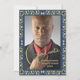 Studenten Photo Announcement Blue och Guld Ivy Inbjudningar