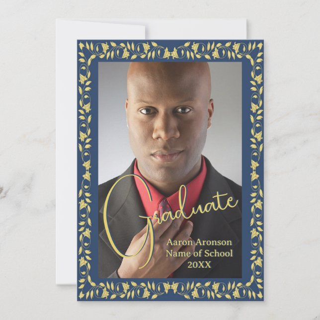 Studenten Photo Announcement Blue och Guld Ivy Inbjudningar (Framsida)