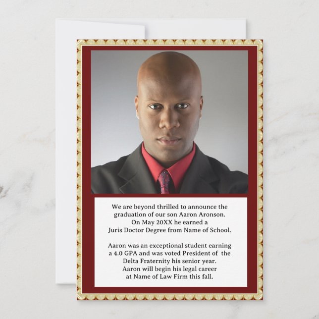 Studenten Photo Announcement Maroon och Guld Inbjudningar (Baksida)