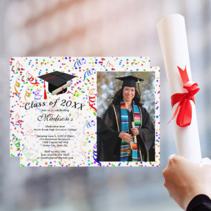 Studenten Photo Black Cap Diploma Confetti Party Inbjudningar