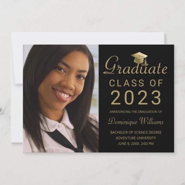 Studenten Photo Black Guld Grad Cap Script 2023 Meddelande (Framsida)