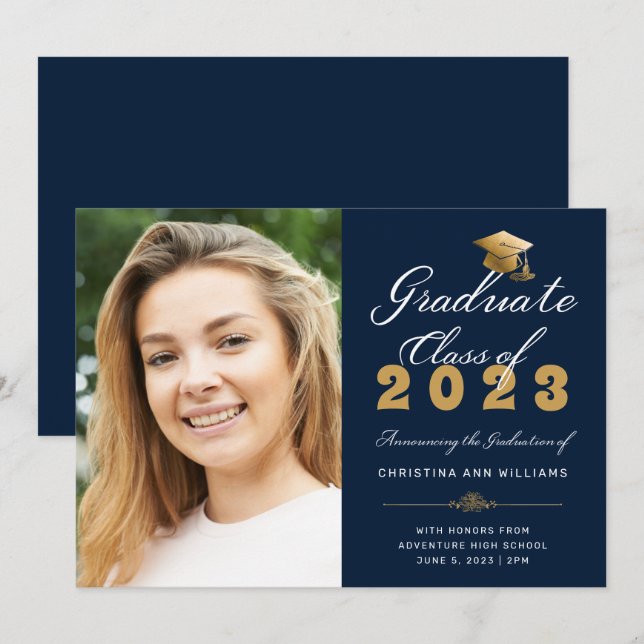 Studenten Photo Blue Guld Script Class of 2023 Meddelande (Fram/baksida)