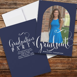 Studenten Photo Calligraphy Script Navy Blue Inbjudningar