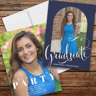 Studenten Photo Calligraphy Script Navy Blue Inbjudningar