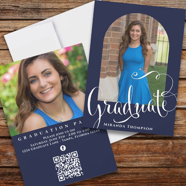 Studenten Photo Calligraphy Script Navy Blue Inbjudningar (Skapare uppladdad)
