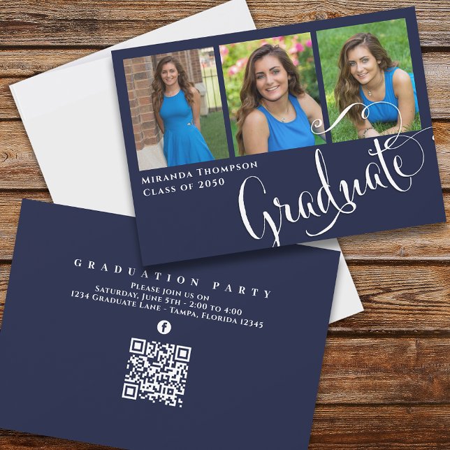 Studenten Photo Calligraphy Script Navy Blue Inbjudningar (Skapare uppladdad)