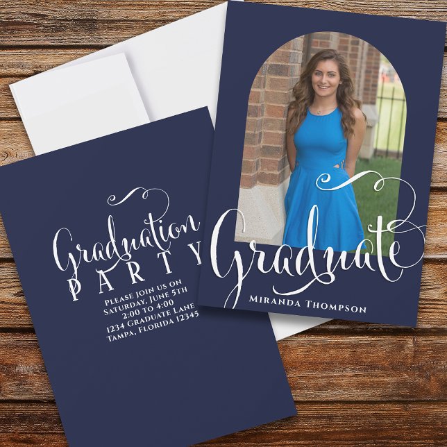Studenten Photo Calligraphy Script Navy Blue Inbjudningar (Skapare uppladdad)