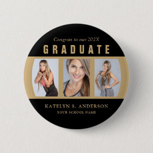 Studenten Photo Collage Black och Guld Anpassnings Knapp