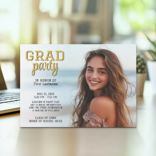 Studenten Photo - Grad Party Script Guld Inbjudningar