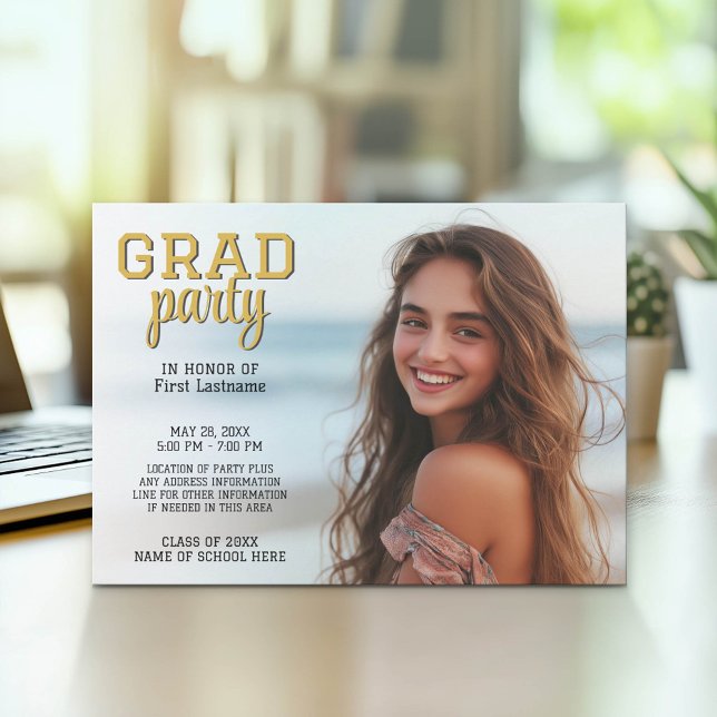 Studenten Photo - Grad Party Script Guld Inbjudningar (Graduation Party Invitation with Photo)