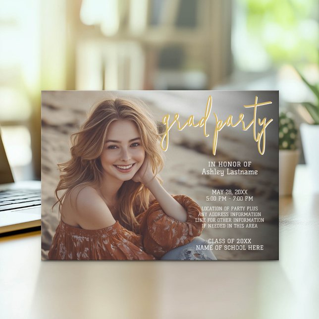 Studenten Photo - Grad Party Script Guld Inbjudningar (Graduation Party Invitation with Photo)