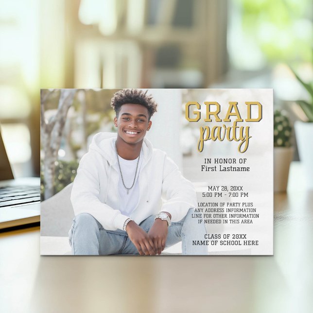 Studenten Photo - Grad Party Script Guld Inbjudningar (Graduation Party Invitation with Photo)