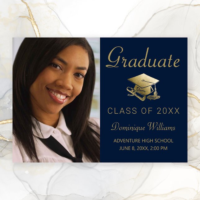 Studenten Photo Guld Grad Cap Diploma Blue Meddelande (Navy Blue with Gold Grad Cap Photo Graduation Announcement)