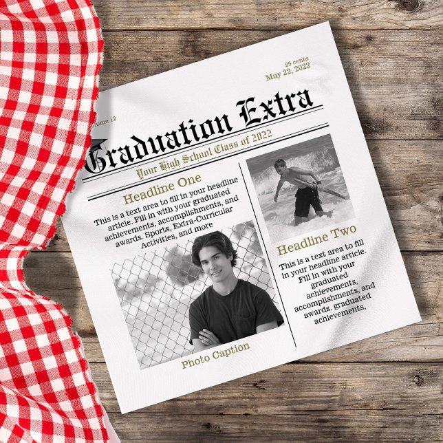 Studenten Photo Modern Coola Roligt Facts Newspape Pappersservett (Graduation newspaper custom napkin)