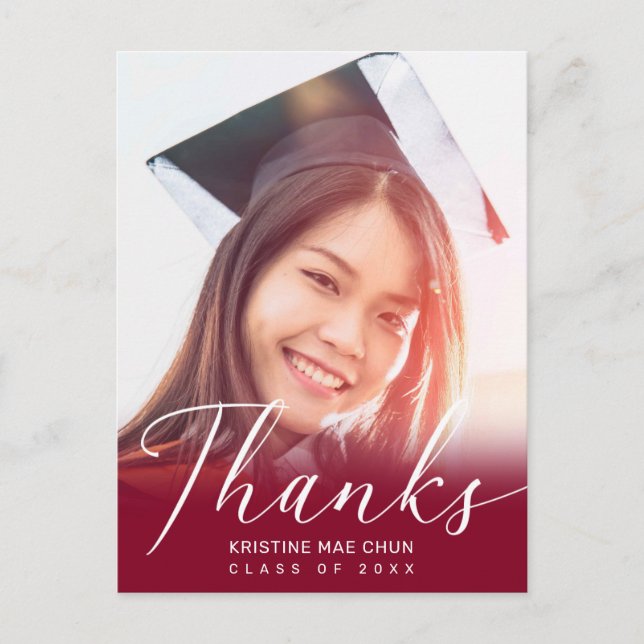 Studenten Photo Modern Script Red Tack Vykort (Framsida)