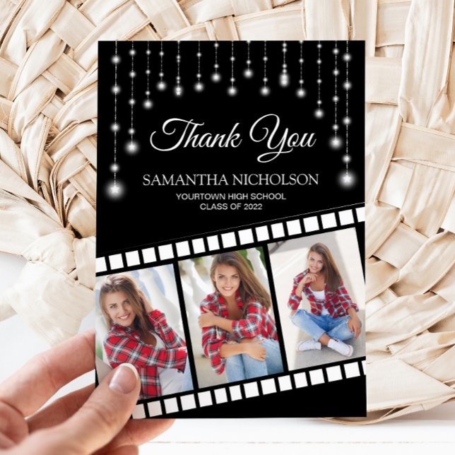 Studenten Photo Movie Reel Cinema Star Tack (Black and silver glitter graduation filmstrip 3-photo Thank you card)