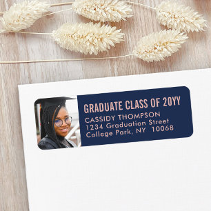Studenten Photo Navy & Rosa Modern Returadress Etikett
