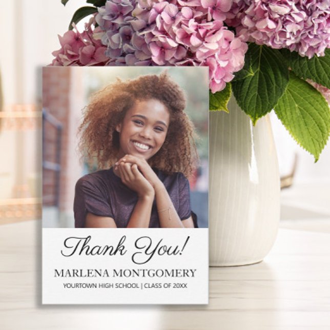 Studenten Photo Tack-Elegant, vit Tack Kort (Graduation photo "Thank you" card)