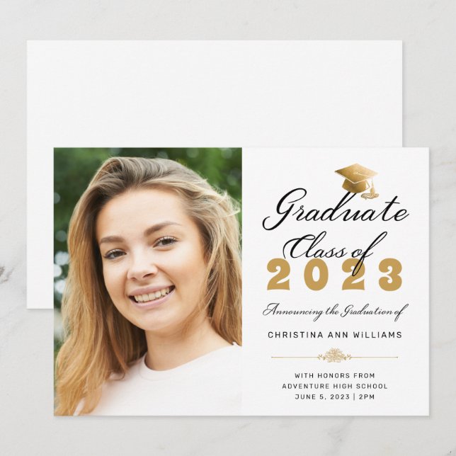 Studenten Photo White Guld Script Class of 2023 Meddelande (Fram/baksida)
