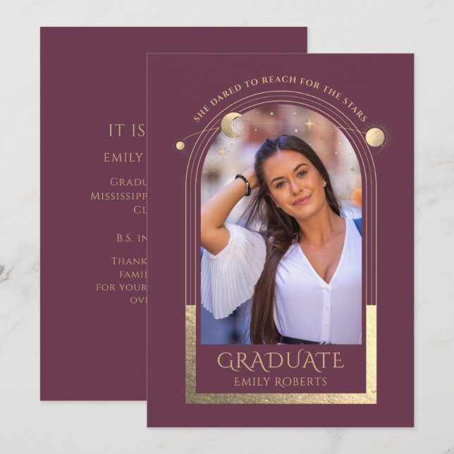 Studenten Plum Guld Sol Måne Stars Grad Photo Inbjudningar (Fram/baksida)