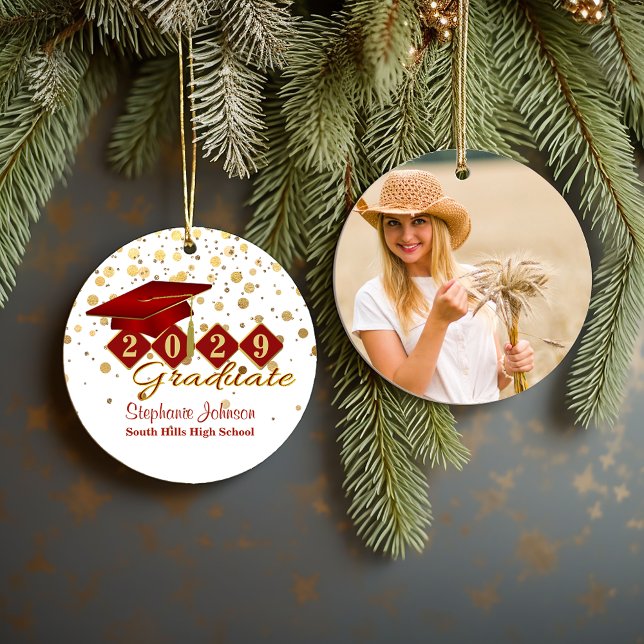 Studenten Red and Guld Photo Julgransprydnad Keramik (Graduation Red and Gold Photo Ceramic Ornament)