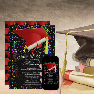 Studenten Red Grad Cap Diploma Confetti Black Inbjudningar