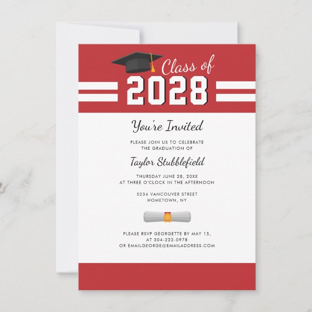 Studenten Red White Grad 2024 Party Inbjudningar (Framsida)