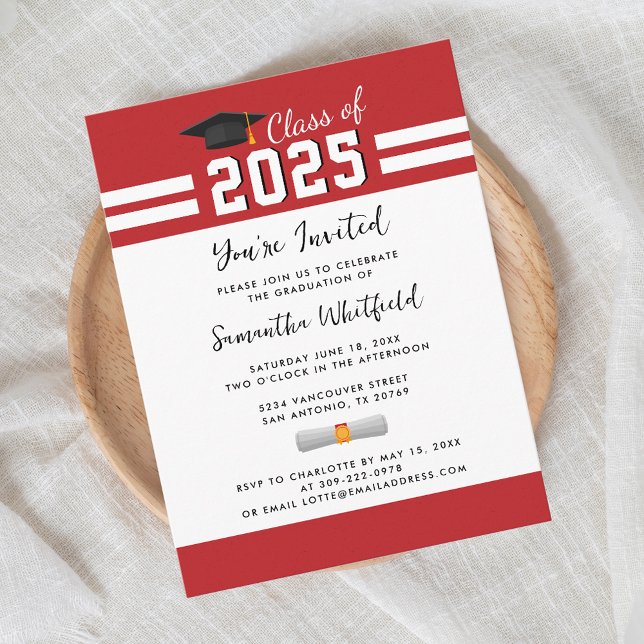 Studenten Red White Script Grad Party Inbjudan Vykort (Graduation Party 2025 Grad Red and White Invitation)