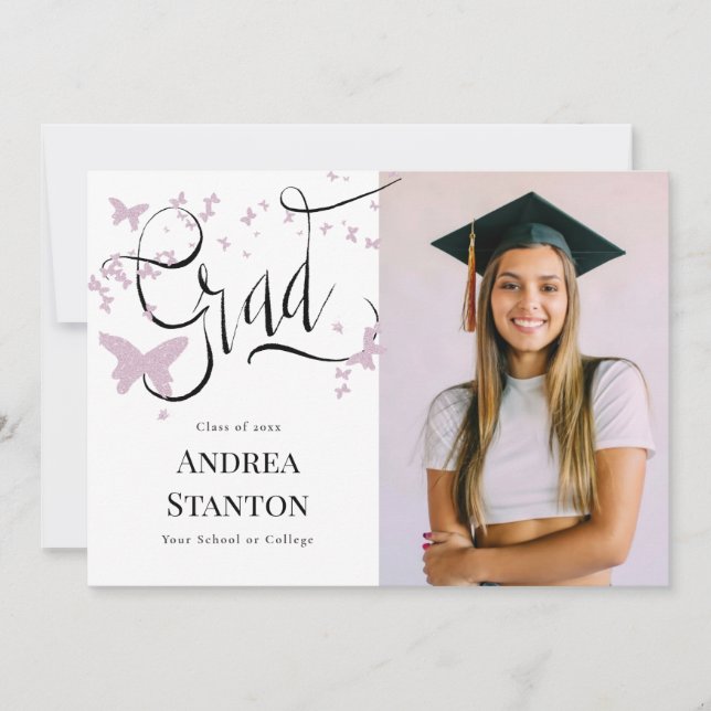 Studenten Rosa Butterflies Grad Calligraphy Chic Inbjudningar (Framsida)