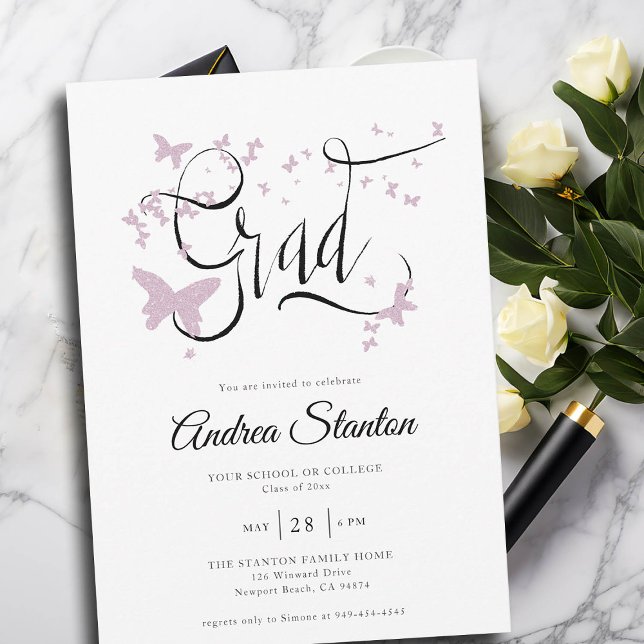 Studenten Rosa Butterflies Grad Calligraphy Chic Inbjudningar (graduation party invitation pink butterflies handwritten high school college university grad simple )