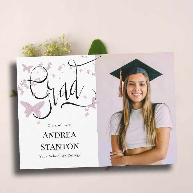 Studenten Rosa Butterflies Grad Calligraphy Chic Meddelande (graduation announcement grad handwritten calligraphy pink butterflies photo high school college)