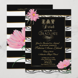 Studenten Rosa Daisy Black Snöre White Rand Inbjudningar