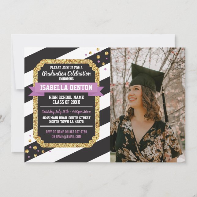 Studenten Rosa Guld Foto Rand Glitter Inbjudan (Framsida)