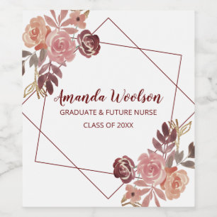 Studenten Rosa Marsala Geometric Nurse Blommigt Vinflaska Etikett