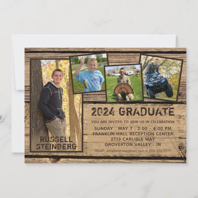 Studenten Rustic Land Wood 5 Photo Collage Inbjudningar (Framsida)